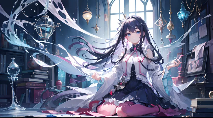 Top image quality、Fine sentences、full body Esbian、animesque、illustratio、ultra-definition、A detailed eye、Detail Facial、Fantasia、teens girl、Wear wizards clothes、long hair in one knot、length hair、scientist、Drinking tea、Lots of bubbles、under the water、abyssal、...