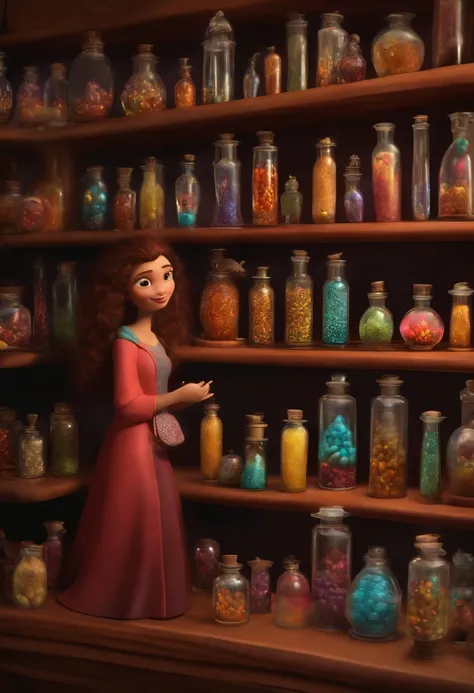 A collector of ideas inspired by Pixar animation, de perto. She is surrounded by a collection of magic vials, each containing a unique idea. The focus is on the character, with a captivating facial expression, Against a backdrop of shimmering, cores eferve...