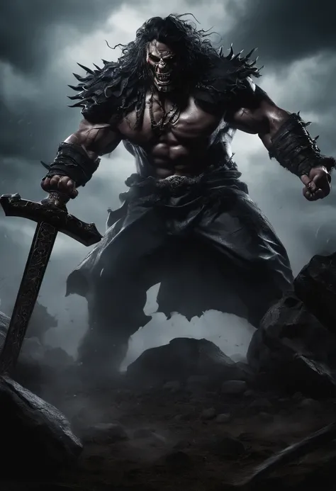 Kaido Hybrid Form,Jason Vorhees,detailed facial features,menacing expression,scary eyes and lips,giant muscular body,wearing torn clothes and chains,holding a massive sword,standing in a dark,stormy graveyard,menacing atmosphere,best quality,ultra-detailed...