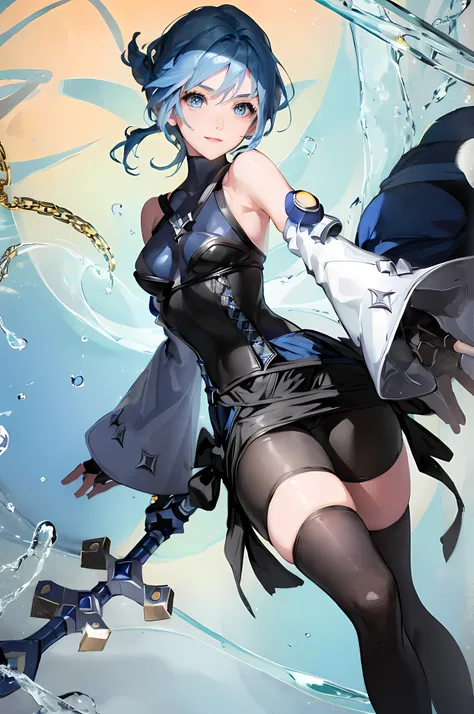 aaaqua, 1girl, absurdres, close up, masterpiece, blue eyes, blue hair, breasts, chest strap, elbow gloves, gloves, highres, (skirt), (kingdom hearts), looking at viewer, transparent water floor, smile, solo, clear sky, open field, empty background, wide sl...