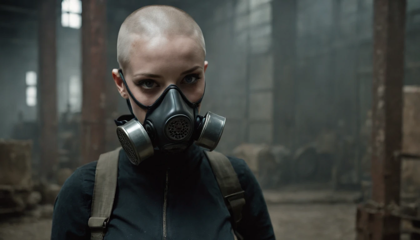 half body shot of a shaved head woman with an anti-gas mask in an abandoned factory, dark ambient, industrial aesthetic, techno aesthetic, techno fashion, horror movie, cinematic, ultra detailed, masterpiece.