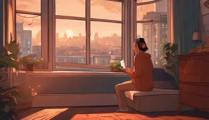 handsome girl, In-Room Learning, with headphones, with a cat,  Window with the city, lo-fi illustration style.