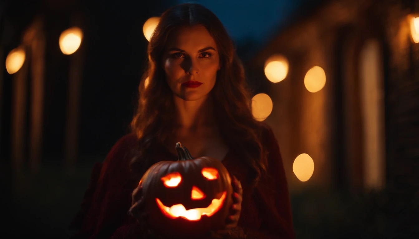 demon woman with pale skin and red glowing eyes holding an halloween pumpkin at night