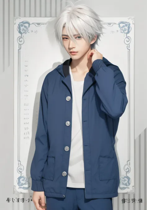 a close up of a boy wearing a jacket and pants, kaworu nagisa, a silver haired mad, tall anime boy with blue eyes, white haired deity, white haired, handsome anime pose, white-haired, male anime character, young anime boy, realistic, ultra details