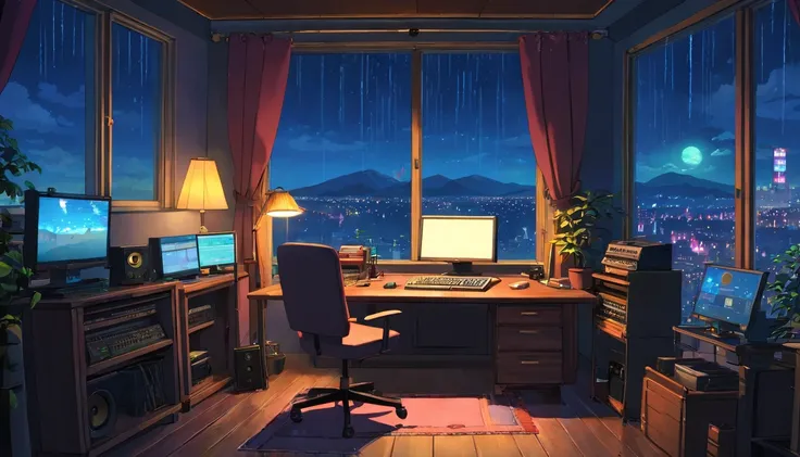 Music studio room,Dark room, Night, Computer, keyboard, Earphone, Monitor the speaker, Small lights, Sit, No Man, No animals, Background, sofe,, rain, Night sky, Night City, absurderes, A high resolution, ultrasharp, 8K, Masterpiece