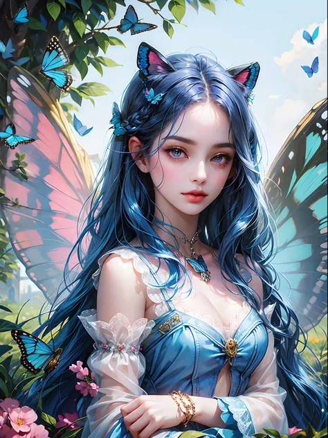 a young woman, blue butterfly wings, long blue hair, pink eyes