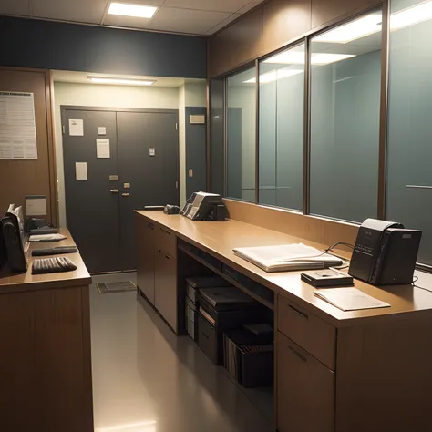 A detectives office, Police Office, office of a police station, scenecy, sem humanos, anime scenery, estilo anime, suspense, mystery, dim lighting,