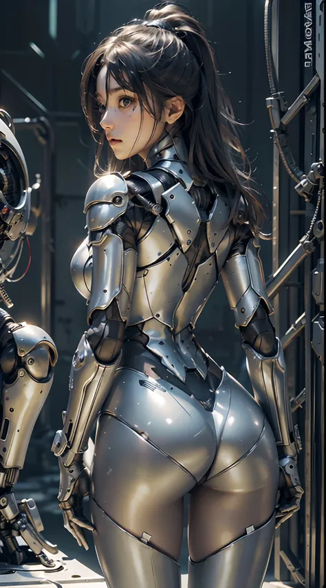 (Masterpiece), (Best quality), Photorealism, Realistic, Ultra detailed, Perfect face, Perfect body, 1girll, Beautiful girl, Girl in silver armor, Mechanical armor, exoskeleton, Stand, Cool pose, Sexy, Watching from behind