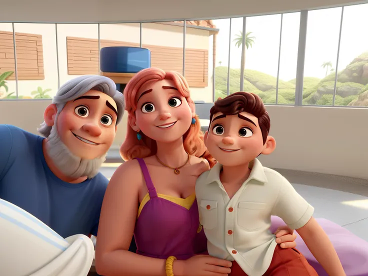 Uma mulher loira, com sobrancelha , um menino de 8 meses moreno com cabelo ondulado sorrindo, com sobrancelha, um homem careca, sem cabelo com barba, estilo disney pixar. alta qualidade, melhor qualidade