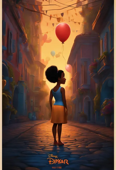 Um filme inspirado na Disney Pixar (MENINA NEGRA JOVEM COM CABELO LONGO CACHEADO PRETO) dentro A cena estar na arte distinta do estilo PIXAR, descolada e estilosa