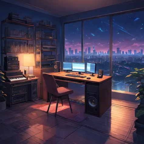 Music studio room,Dark room, Night, Computer, keyboard, Earphone, Monitor the speaker, pianos, Small lights, Background, sofe,, rain, Night sky, Night City, absurderes, A high resolution, ultrasharp, 8K, Masterpiece