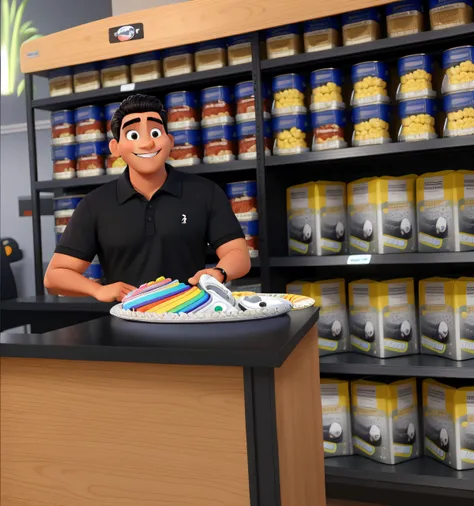 Um homem branco, black polo shirt, sorridente, um pouco gordinho, estilo disney pixar, alta qualidade melhor qualidade