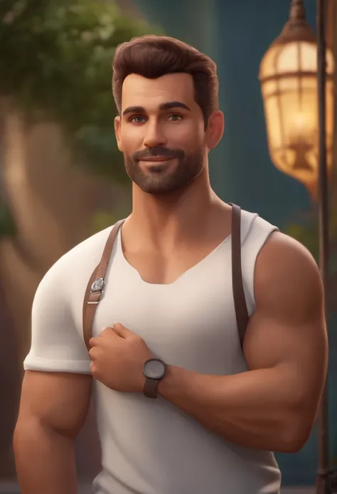 Create a character based on the Disney Pixar universe, put all the art in vibrant colors and detailed textures, he is 40 years old, Brazilian, Left eyebrow failure,   Hair Side Swept Crew Cut, closed gaze, light brown eyes deep look, has a short beard, is ...