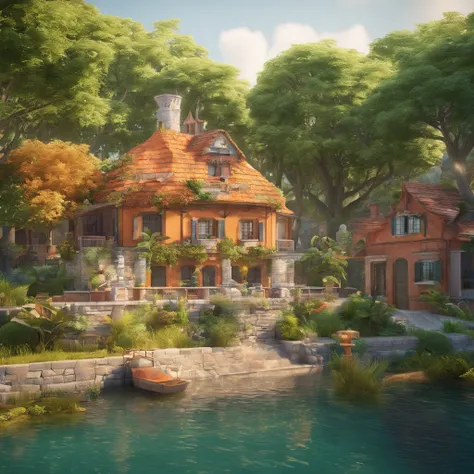 create a cover of a storybook about the history of a town, with a background of lush vegetation, a river of crystal clear water that passes through the middle of the town, a colonial-type house with orange tiles, rich in culture and tradition.