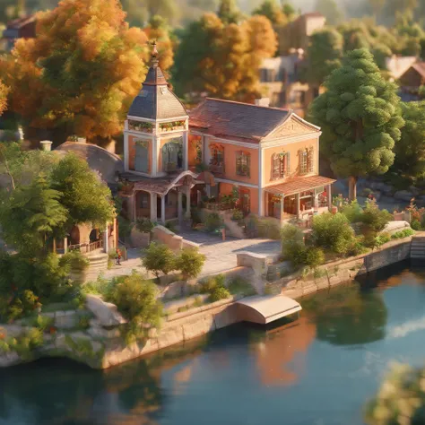 create a cover of a storybook about the history of a town, with a background of lush vegetation, a river of crystal clear water that passes through the middle of the town, a colonial-type house with orange tiles, rich in culture and tradition.