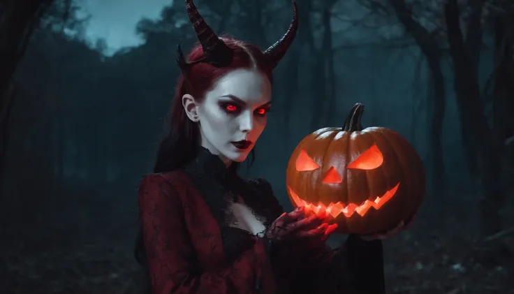 demon woman with pale skin and red glowing eyes holding an halloween pumpkin at night, gothic aesthetic, halloween vibes, horror cinematic, ultra detailed, masterpiece.