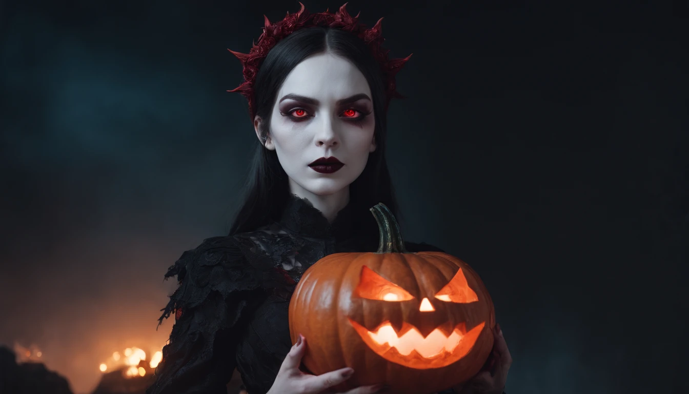 demon woman with pale skin and red glowing eyes holding an halloween pumpkin at night, gothic aesthetic, halloween vibes, horror cinematic, ultra detailed, masterpiece.