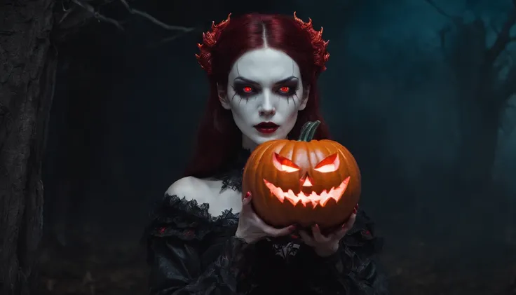 demon woman with pale skin and red glowing eyes holding an halloween pumpkin at night, gothic aesthetic, halloween vibes, horror cinematic, ultra detailed, masterpiece.