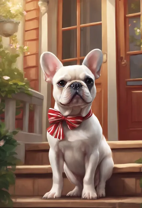 Anime-style photo of a french bulldog wearing a stripped shirt and a mixed bulldog wearing a tutu and hair bow sitting on the steps of a house, cute detailed digital art, high detailed official artwork, Adorable Digital Painting, Portrait of character, Bac...