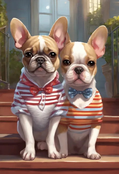 Anime-style photo of a french bulldog wearing a stripped shirt and a mixed bulldog wearing a tutu and hair bow sitting on the steps of a house, cute detailed digital art, high detailed official artwork, Adorable Digital Painting, Portrait of character, Bac...