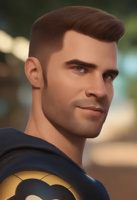 Crie um personagem baseado no universo Disney Pixar, Coloque toda a arte em cores vibrantes e texturas detalhadas, ele tem 40 anos, brasileiro, Failure of the left eyebrow,   Crew cut swept from the side of the hair, olhar fechado, olhos castanhos claros o...