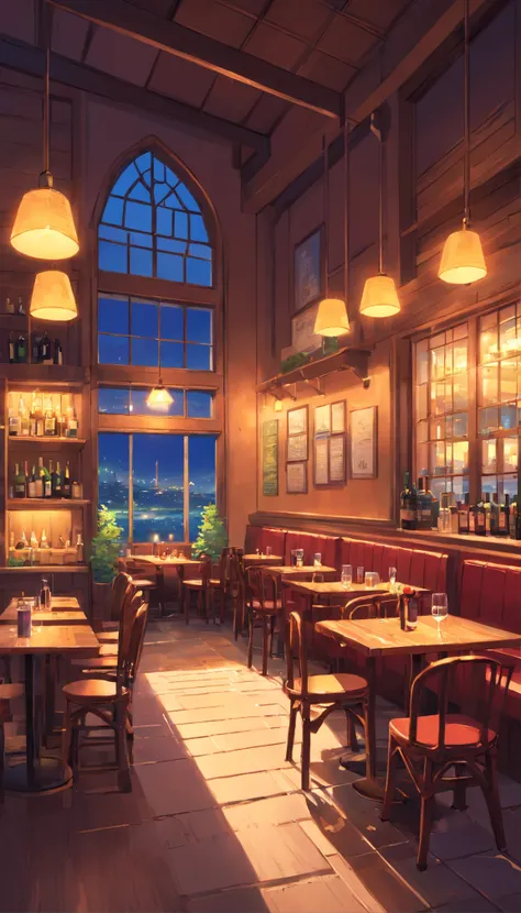 Cafe, Wine table and large windows, interior background art，a tavern empty, at night