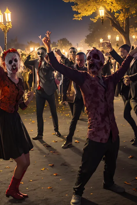 Zombies dancing to eerie music, Celebrate Halloween in an ancient cemetery.