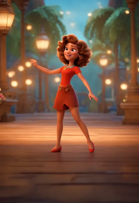 Pixar style image with 3D character dark blonde woman short curly hair dancing, Maquiagem Disney,Pescador, bonitinho, sorridente ,Close-up, Pixar, Disney, Cinema lighting,