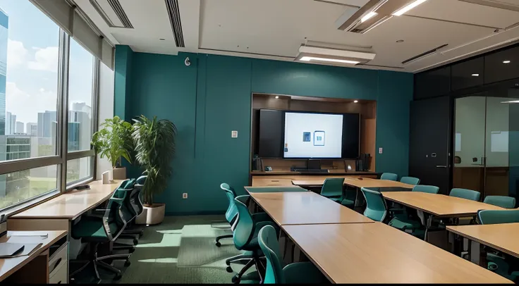 an individual office with very beautiful blue-green tones in a tall building, to use as a background in video calls