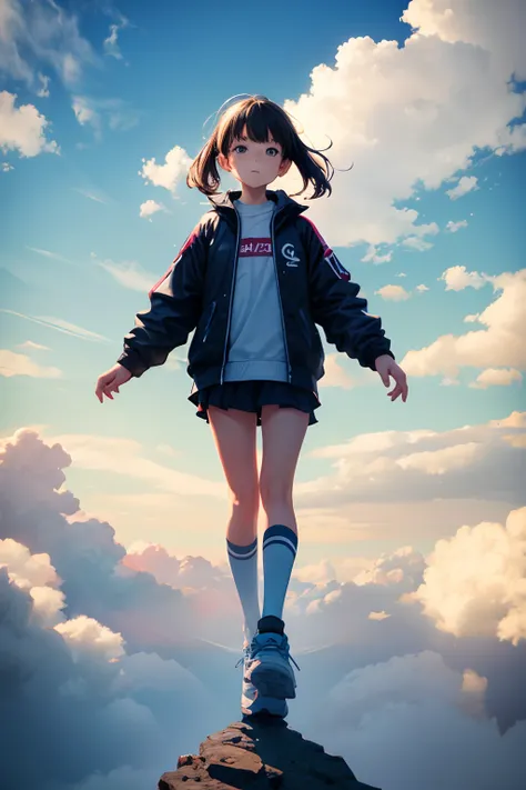 A young and active girl stands in the clouds