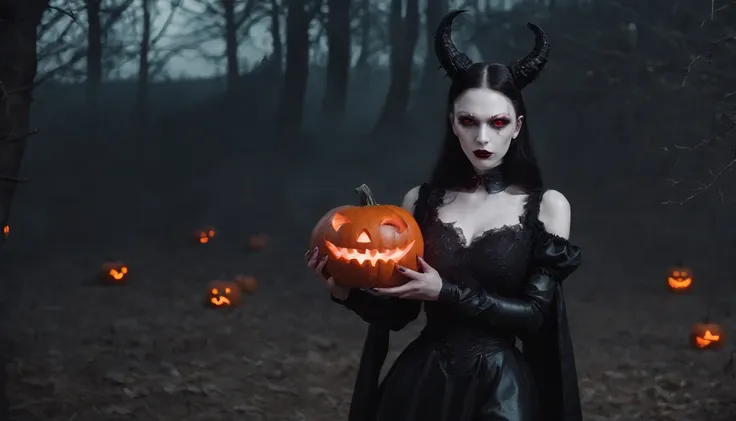 demon woman with pale skin and red glowing eyes holding an halloween pumpkin at night, dressed in latex, gothic aesthetic, halloween vibes, horror cinematic, ultra detailed, masterpiece.