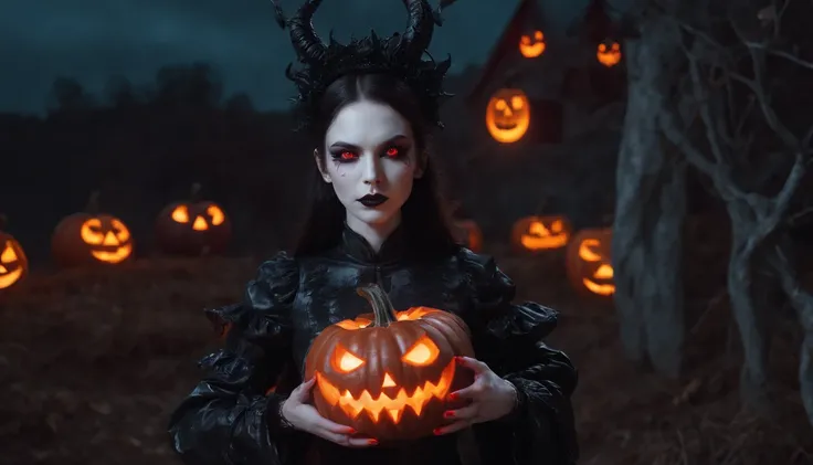 demon woman with pale skin and red glowing eyes holding an halloween pumpkin at night, dressed in latex, gothic aesthetic, halloween vibes, horror cinematic, ultra detailed, masterpiece.