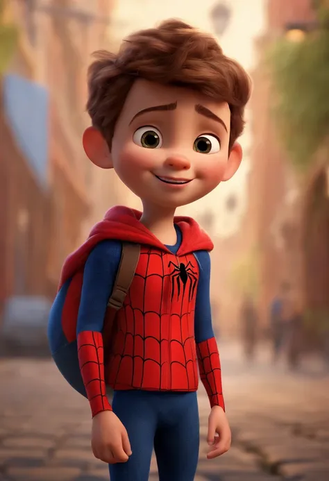 a happy cute kid standing short hair, vestindo uma fantasia do homem aranha, , fundo branco, barnet, Tom, Estilo Pixar, ....3d, desenhos animados, rosto detalhado, asymmetrical 16k