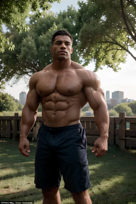 Visualize a shirtless American bodybuilder, his powerful physique on full display, standing with confidence and pride. His chiseled muscles glisten in the sunlight, and he exudes an air of strength and determination. His body, sculpted through relentless d...