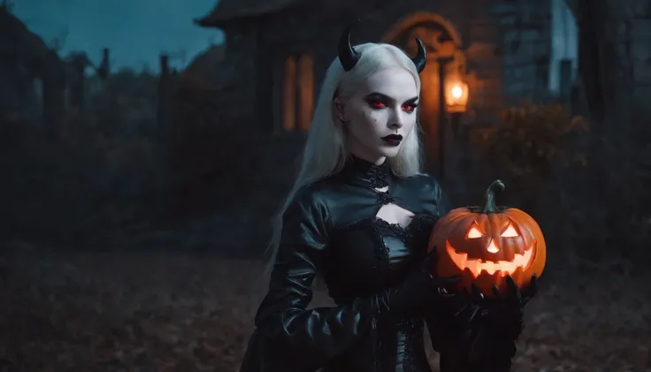 demon woman with pale skin and red glowing eyes holding an halloween pumpkin at night, dressed in latex, gothic aesthetic, halloween vibes, horror cinematic, ultra detailed, masterpiece.