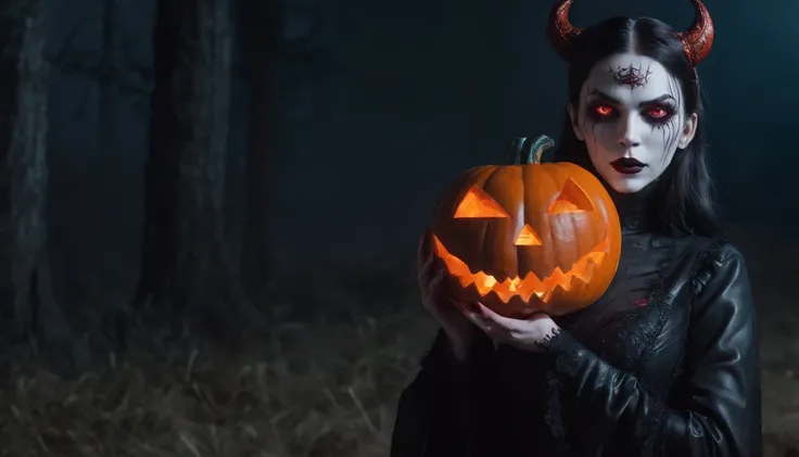 demon woman with pale skin and red glowing eyes holding an halloween pumpkin at night, dressed in latex, gothic aesthetic, halloween vibes, horror cinematic, ultra detailed, masterpiece.