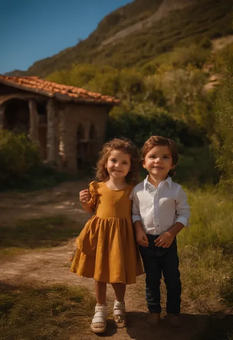 menino: Miguel, aproximadamente 5 anos de idade, cabelo curto estilo Disney, olhos castanhos e sorrisos. garota: Giovana, 2 anos, longos cabelos pretos e olhos azuis. scenecy: Miguel and Giovana are in a cozy little house in the valley, ao fundo um dia ens...