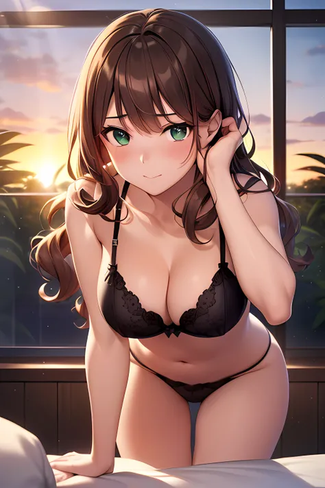 ((masterpiece, best quality, highres, UHD, perfect pixel, depth of field, 4k, RTX, HDR)), 1girl, single, solo, 24 years old, beautiful anime girl, beautiful artstyle, anime character, ((long hair, bangs, brown hair, curly hair)), (green eyes:1.4, rounded e...