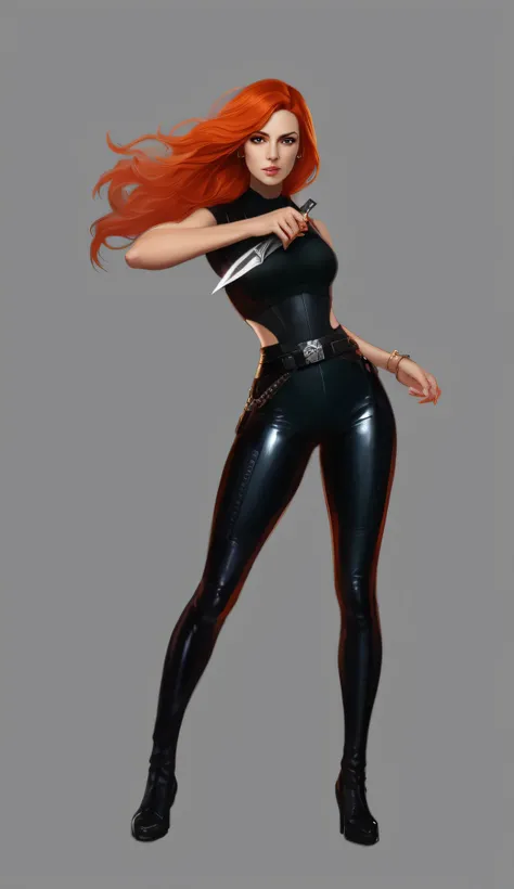 Close-up of woman in black outfit, holding a knife, Full-length portrait of Jean Grey, Mara Jade, charlie bowater character art, Character posing for concept art, Beautiful Full Body Concept Art, stunning character art, X-Force full-body equipment, Lilus o...