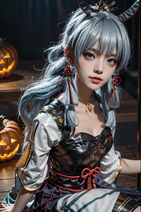 A girl,cosplaying Ayaka from the game Genshin impact, with a Halloween background, sitting,full body, pumpkin lantern, highest quality (best quality, masterpiece:1.1) and has a realistic appearance (realistic:1.4),pale white-blue hair,The focus is on the d...