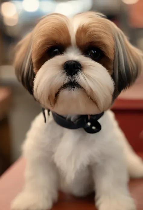 Homem com rosto arrendondado pele clara, olhos cabelo e barba castanho, corpo altetico, with scissors in hand, A shih tzu dog with short hair on a table, dentro de um pet shop, estilo pixar