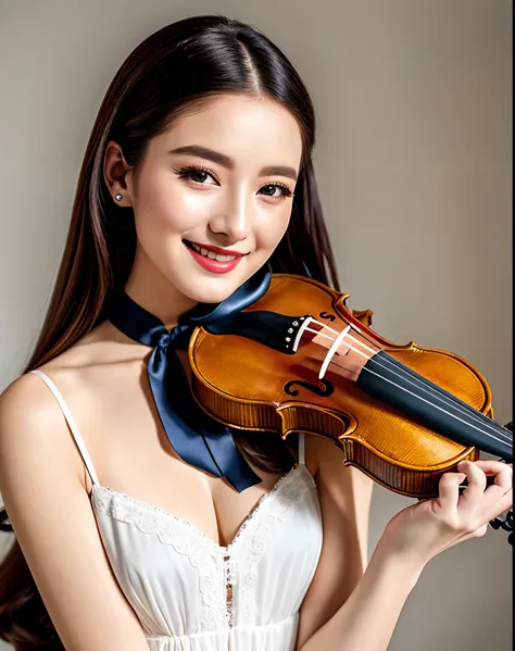 Violin and model photography、4Ｋ、cameraman、robe blanche、Stradivarius、spot light、A big smile、Violin and model photography、Lifelike face、Korean Women、ren、kawaii、Beautie、