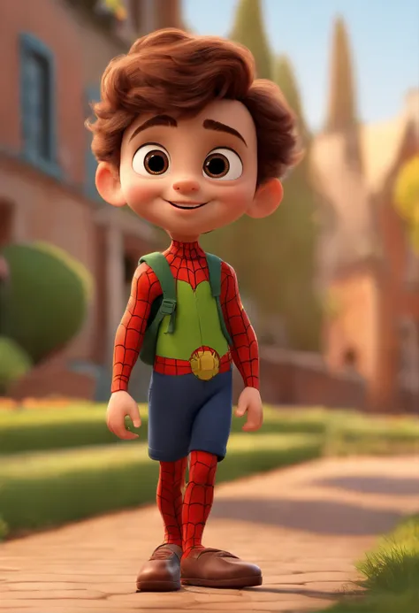 a happy cute kid standing short hair, vestindo uma fantasia do homem aranha, , fundo branco, barnet, Tom, Estilo Pixar, ....3d, desenhos animados, rosto detalhado, asymmetrical 16k