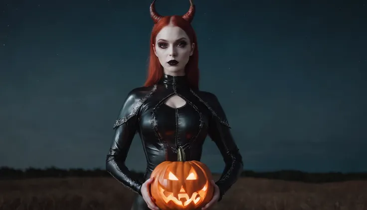 demon woman with pale skin dressed in latex leotard holding an halloween pumpkin at night, dressed in latex, gothic aesthetic, halloween vibes, horror cinematic, ultra detailed, masterpiece.