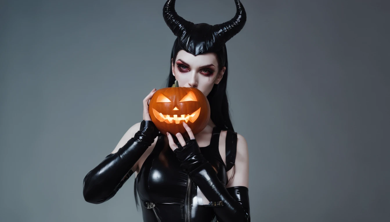 demon woman with pale skin dressed in latex leotard holding an halloween pumpkin at night, dressed in latex, gothic aesthetic, halloween vibes, horror cinematic, ultra detailed, masterpiece.