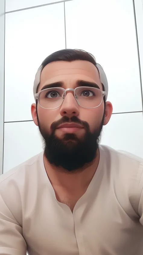 Um homem de 30 anos, com cabelos castanhos curtos,face de diamante, olhar rigoroso, e olhos castanhos, Wearing white white shirt with tie and glasses.