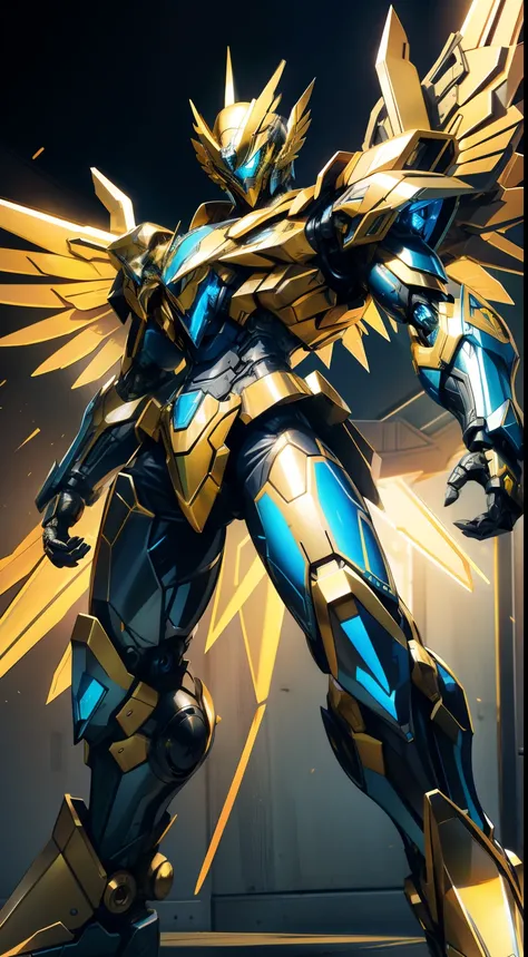 Robotic suit, Eagle shaped blue shiny eyes,suit fully made of metal, metallic eagle shaped wings, yellow colour suit, cyborg, Sharp metallic teeth mouth, standing, front facing