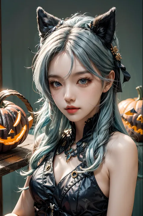 A girl,cosplaying Ayaka from the game Genshin impact, with a Halloween background, sitting,full body, pumpkin lantern, highest quality (best quality, masterpiece:1.1) and has a realistic appearance (realistic:1.4),pale white-blue hair, looking at viewers,f...