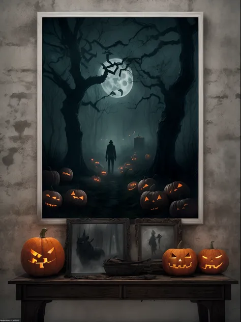 (best quality,4k,8k,highres,masterpiece:1.2),ultra-detailed,(realistic,photorealistic,photo-realistic:1.37),horror,film poster,creepy atmosphere,dark shadows,menacing expressions,spooky elements,haunting background,Jack-o-lanterns,witches,ghosts,bats,full ...