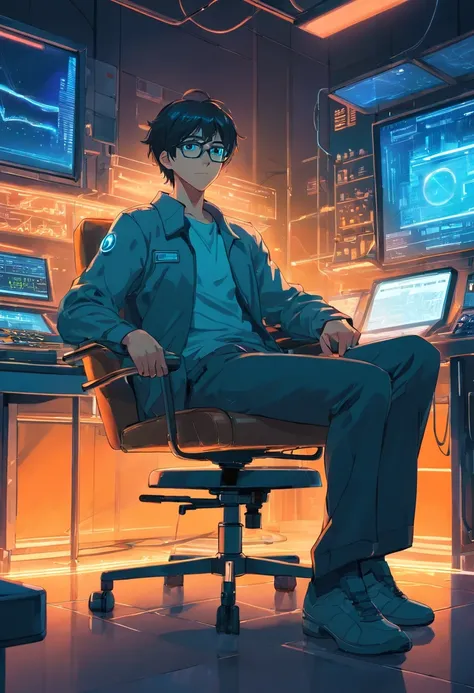 .RAW, wide angle, A man in a dark lab sitting in a chair from the future wears glasses., Pele negra avermelhada, laboratory, hardware, Ambiente Luminoso, neon light, ((cyberpunk))